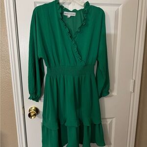 Emma & Michele Emerald Ruffled Long Sleeve Dress
